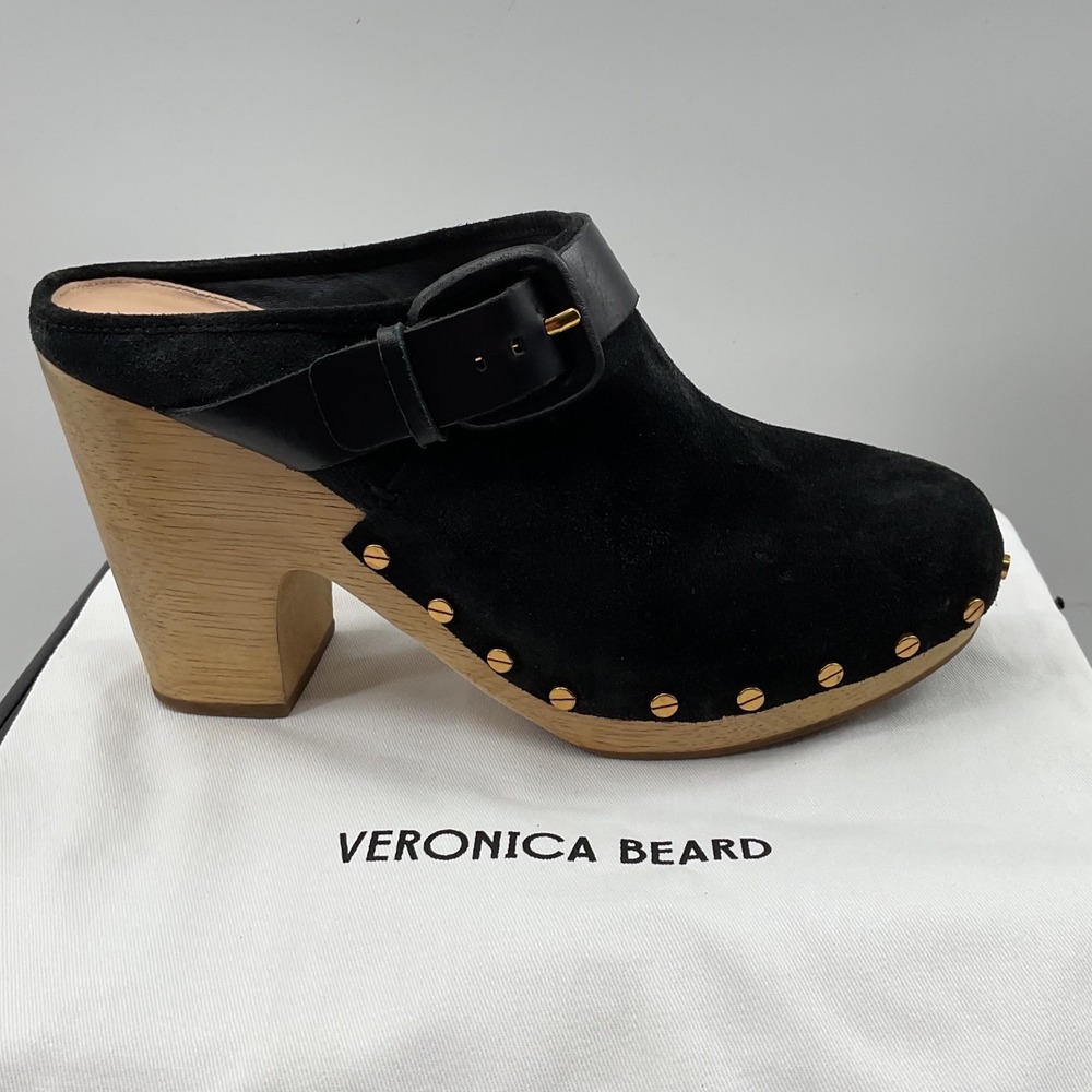 Veronica Beard Black Suede Studded Wood Block Heel Clogs Mules Buckle Strap